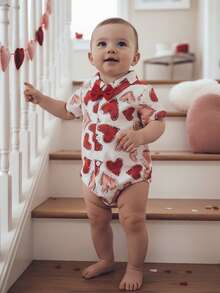Baby Boy Valentine's Day Romper Short Sleeve Heart Print Bow Tie Button-down Summer Bodysuit - Rosa - Ver 3