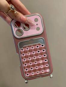 可爱格子爱心卡包仿皮手机壳，兼容 17 Pro Max/17 Pro/17/16/15/14 Pro Max，带毛绒腕带，哑光保护套 - 粉色 - 查看 3