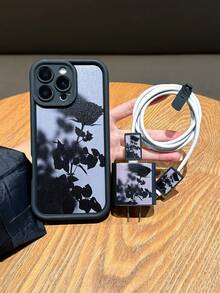 5pcs Set (1 Black TPU Phone Case + 1 Charger Head Protector + 2 Data Cable Anti-Break Clips + 1 Strap) UV Painted Rose Flower Pattern Fast Charging Adapter Protector Compatible With IPhone 7/8/7p/8p/X/Xs/Xr/Xsmax/11/11pro/11promax/12/12pro/12promax/12MINI/13/13pro/13promax/14/14pro/14plus/14promax/15/15pro/15plus/15promax/16/16pro/16plus/16promax/17/17pro/17promax/Air - Multicolor - View 1