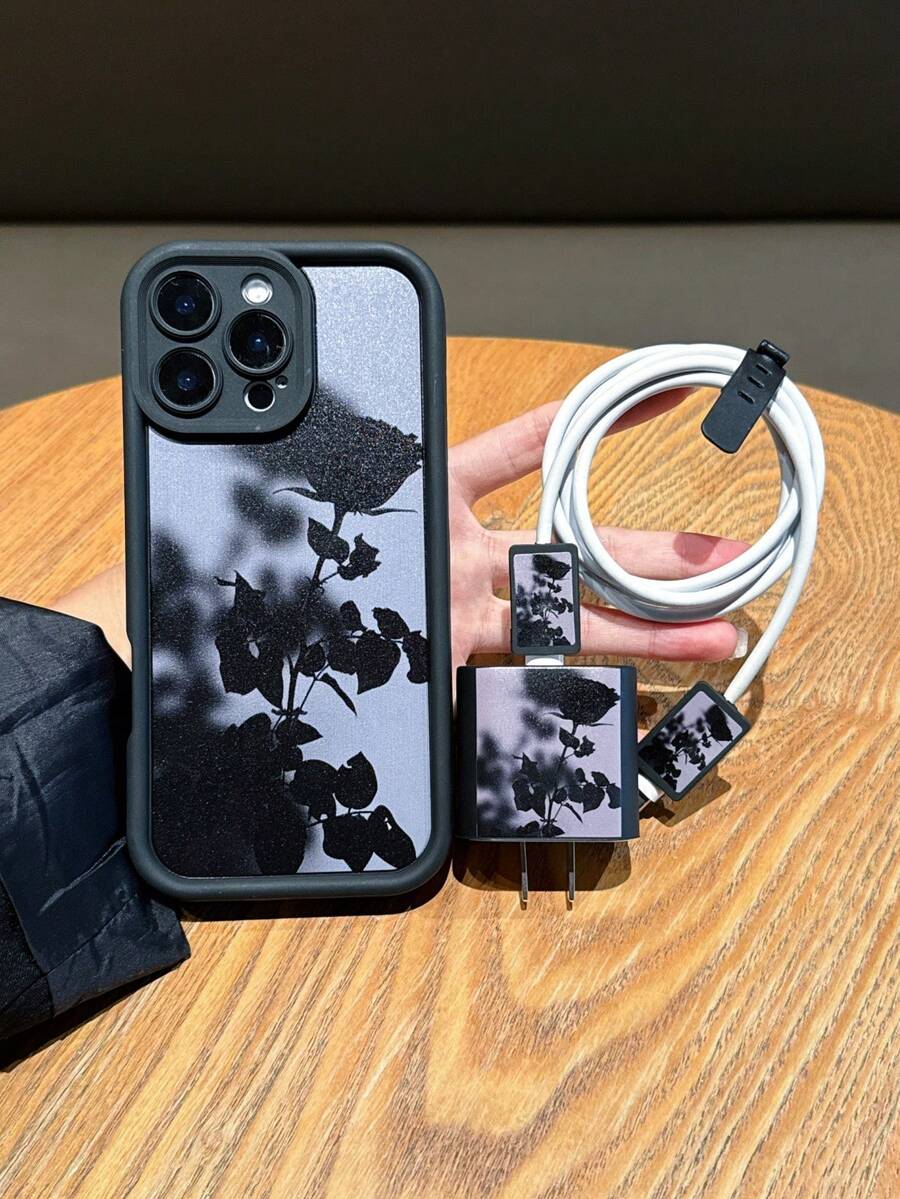 5pcs Set (1 Black TPU Phone Case + 1 Charger Head Protector + 2 Data Cable Anti-Break Clips + 1 Strap) UV Painted Rose Flower Pattern Fast Charging Adapter Protector Compatible With IPhone 7/8/7p/8p/X/Xs/Xr/Xsmax/11/11pro/11promax/12/12pro/12promax/12MINI/13/13pro/13promax/14/14pro/14plus/14promax/15/15pro/15plus/15promax/16/16pro/16plus/16promax/17/17pro/17promax/Air - Multicolor - View 1