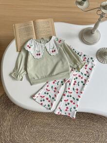 2pcs/Set Toddler Girls' Cherry Embroidery Peter Pan Collar Green Sweatshirt And Pants Set, Spring/Autumn - Mint Green - View 4