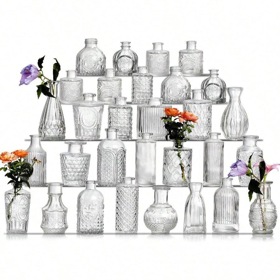 Glass Bud Vase Set Of 30 - Small Vases For Flowers In Bulk - Assorted Vintage Crystal Vases For Flowers Table Centerpieces Clear 30 Pcs - Clear - View 1