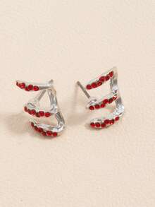 2pcs New Diamond Inlaid Minimalist Design Layered Curved Earrings For Women - Red - View 2