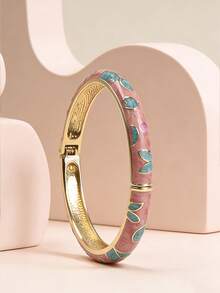 Vintage Chinese Style Enamel Floral Pattern Alloy Inlaid Fashionable Hinged Bangle Bracelet For Women - Pink - View 4