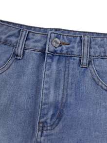 Women's Casual Denim Skirt With Pockets And Frayed Hem, Versatile - Dark Wash - View 7