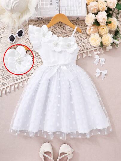 Girls Floral Decor Asymmetric Shoulder Cami Dress, Asymmetrical Frill Trim, Pearl Splice, Mesh Polka Dot Skirt, Princess Sweet Dress