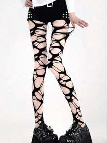 1 Pc Women's Sexy Black Mesh Stockings, Punk Style Tear Bandage Leggings, Y2K Pantyhose, Women's Black Sexy Subculture Y2K Tear Mesh Leggings With Large Holes And Torn Decorations - 黑色 - 查看 2