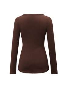 女士性感棕色V领长袖针织上衣，荷叶边下摆设计，修身腰身，休闲街头居家T恤，春季款 - 棕色 - 查看 5