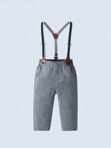 BOARNSEORL 两件套男婴绅士套装 - 长袖衬衫配蝴蝶结和灰色背带裤，时尚可爱，适合生日派对、宴会、洗礼等场合。 - 灰色 - 查看 5