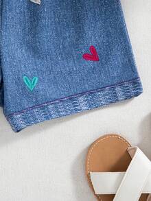 Shorts Casuais Femininos com Estampa de Coração Decorativa, Verão - Azul - Visão 6
