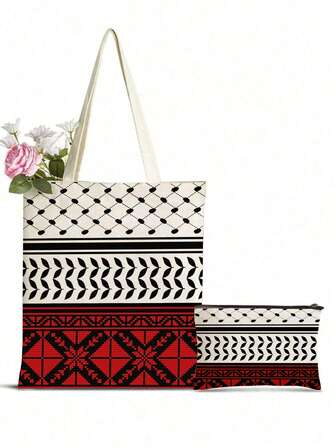 Geometriska mönster, röd och svart, traditionell designväska, mycket lämplig för utomhusaktiviteter och shopping, accessoarer | Rolig design | Handtag, söt tygväska, används för familjesammankomster, högtidsevenemang och rolig presentsminkväska