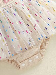 Baby Girl 1st Birthday Clothes One Year Old Tulle Romper Flying Sleeve Bodysuit Cake Smash Outfits - 卡其色 - 查看 8