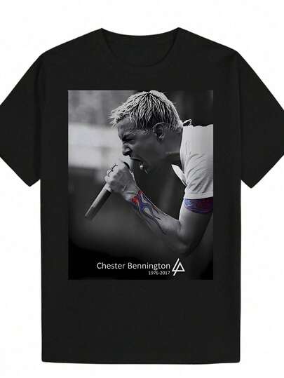 Camiseta gráfica de homenaje a Chester Bennington para hombres - Camiseta negra de verano casual de manga corta con cuello redondo de poliéster con estampado vibrante, ropa lavable a máquina para fanáticos de la música rock, camisetas de banda de rock, ropa para fanáticos de la música, camiseta de ajuste elegante, calidad de impresión duradera, material transpirable, para asistentes a conciertos