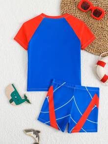 This Fashionable And Refreshing Summer Casual Vacation-Style 2-Piece Swimsuit Set Is Specially Designed For Little Boys. It Features A Cartoon Spider Digital Print, With Stretchy And Quick-Drying Breathable Fabric, Comfortable To Wear, Suitable For Surfing And Beach Wear. - Blue - View 2