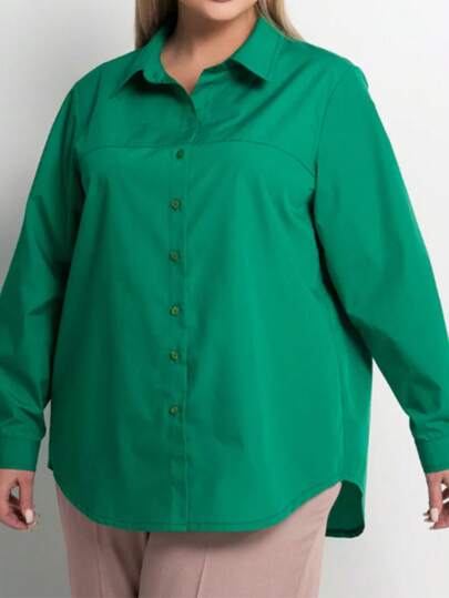 Elegant Plus Size Green Woven Fabric Shirt, Long Sleeve Design With Button Details, Suitable For Daily Wear