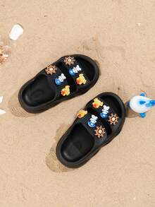 1 Pair Kids Cute Astronaut Design Slip-On Slippers, Comfortable Lightweight Quick-Dry, Suitable For Summer Outdoor Activities, Beach, Vacation - Black - View 6