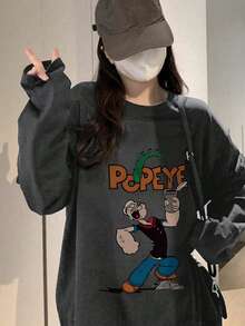 女士简约深灰色打底衫，百搭长袖宽松休闲款，Y2K风格字母卡通图案双面印花圆领罗纹长袖T恤，春季款 - 深灰色 - 查看 3