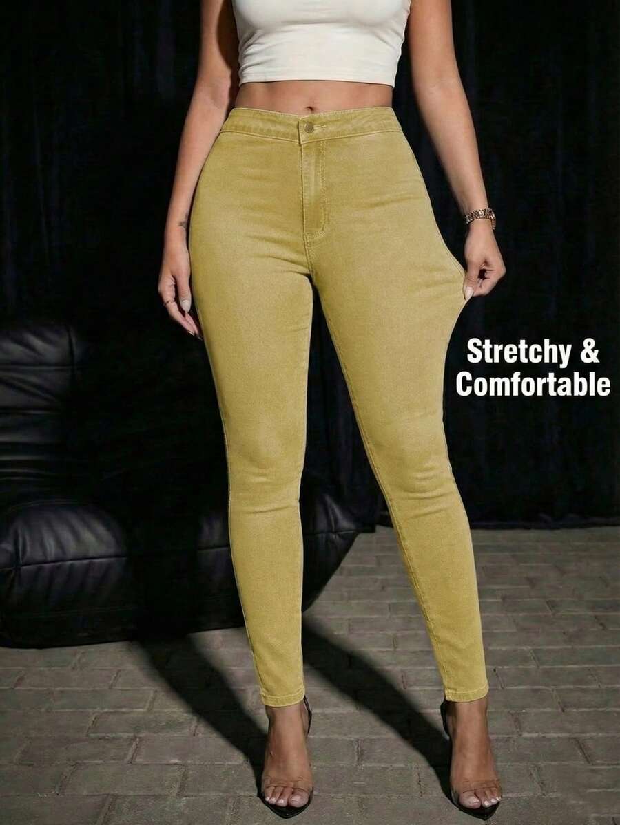 Jkorea Women's Mid Waisted Skinny Jeans Stretchy Slim Fit Denim Pants With Tummy Control And Butt Lifting Effect For Daily Wear - Màu Khaki - Xem 1
