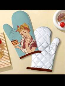 1 Set Including 1 Pair Heat Resistant Gloves And 1 Piece Heat Resistant Mat, Made Of Polyester Fiber, Cartoon Pattern, Home/Kitchen Oven Gloves, Baking Gloves With Heat Resistant Mat, Thanksgiving, Halloween Protection Set - Multicolor - View 2