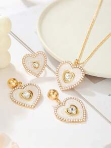 Set de 4 piezas con collar con colgante de perla incrustada con estilo de lujo ligero, anillo y aretes, adecuado para uso diario de mujeres y como regalo de Año Nuevo, regalo de cumpleaños