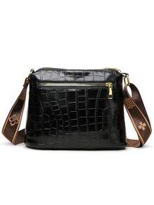 女士斜挎包，配有可调节肩带 - 仿鳄鱼纹钱包，拉链隔层和金色金属饰件，优雅的黑色和棕色可选，适合日常通勤、工作或休闲外出，时尚单肩包，工作包，纹理饰面 - 黑色 - 查看 2