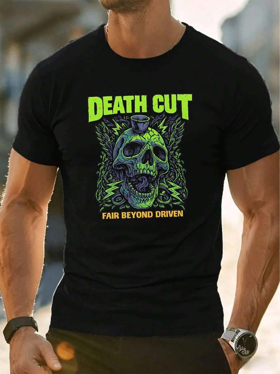 T-shirt da uomo con motivo a teschio per l'autunno, materiale di prima qualità, girocollo, vestibilità comoda, stile street hip-hop - nero - Visualizzare 1
