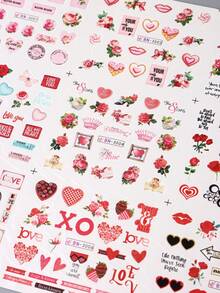 1张12款红色情人节玫瑰水印美甲贴纸，心形花朵礼物设计水转印美甲贴花婚礼美甲用品DIY美甲饰品装饰（无粘性） - 彩色 - 查看 6