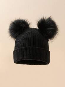 1pc Ribbed Kids Autumn/Winter Dual Pom Pom Cute Outdoor Warm Knit Hat - White - View 1