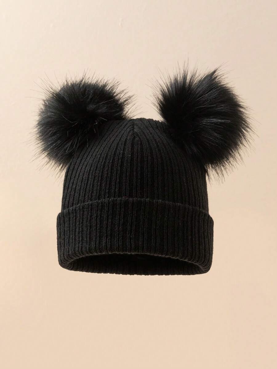 1pc Ribbed Kids Autumn/Winter Dual Pom Pom Cute Outdoor Warm Knit Hat - White - View 1