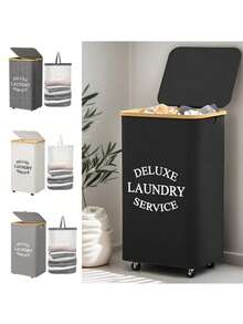 1pc 60L/90L/110L Bamboo Rim Laundry Basket With Wheels And Cover - Includes Removable Mesh Liner, Foldable Dirty Clothes Basket With Handles And Cover, Extra Large Capacity Laundry Hamper, Collapsible Fabric Laundry Basket - Multicolor - View 4