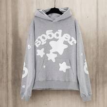Women's Sp5der Hoodie, 2 Pcs Foam Letter 555 Graphic Print Pullover Coat, 400g 100% Acrylic Wool-Like Fabric Streetwear - Xám - Xem 2