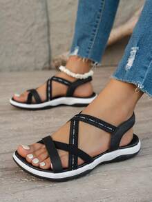 2026 Women's Solid Color Beach PU Leather Criss-Cross Strap Non-Slip Soft Bottom Sandals, Outdoor & Indoor Summer - Black - View 9