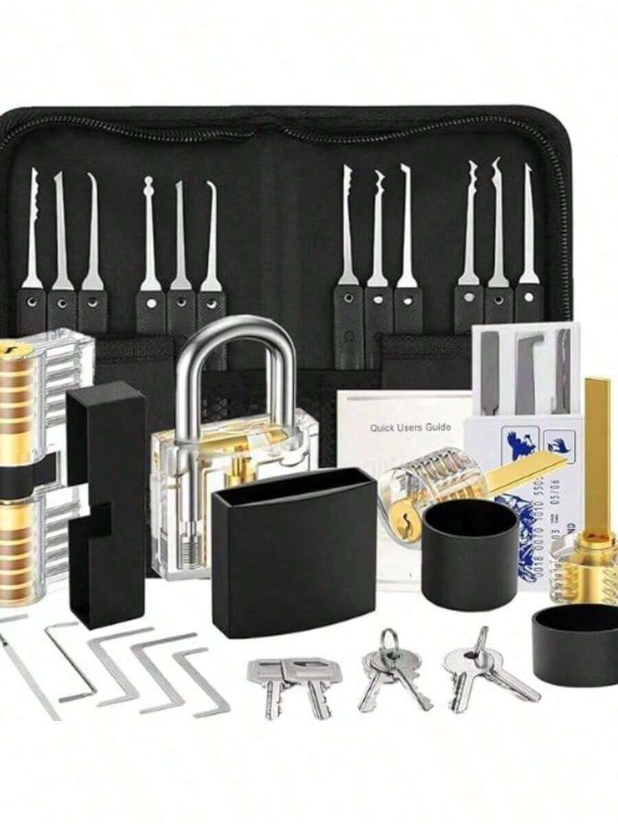 16pcs Lock Picking Set With Transparent Training Locks And Credit Card Lock Pick Tool Kit For Beginner And Pro Locksmiths - Black - View 1