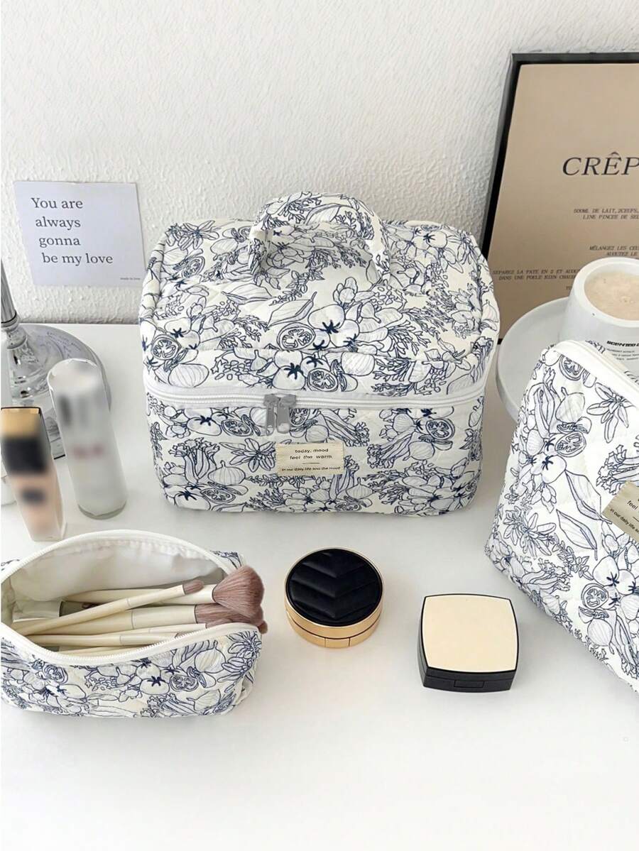 Túi đựng mỹ phẩm có khóa kéo, họa tiết hoa mềm mại, túi trang điểm, túi đựng đồ dùng vệ sinh cá nhân, túi đựng đồ dùng gia đình và du lịch, đa năng dành cho phụ nữ. - Màu xanh hải quân - Xem 1
