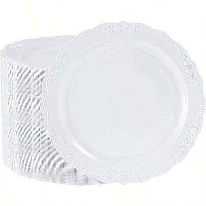 100 Pieces White Plastic Plates - 10.25inch Dinner Disposable Plates - Premium Heavy Duty Hard Disposable Dinner Plates - Party Supplies For Birthdays, Celebrations, Thanksgiving Wedding