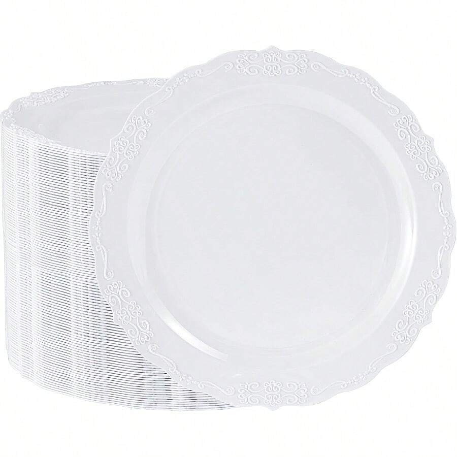 100 Pieces White Plastic Plates - 10.25inch Dinner Disposable Plates - Premium Heavy Duty Hard Disposable Dinner Plates - Party Supplies For Birthdays, Celebrations, Thanksgiving Wedding - 預設 - 查看 1