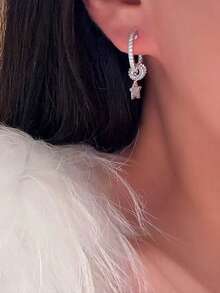 2pcs Fashionable Luxury Copper Micro-Inlaid Zirconia Star Earrings, Elegant Elegant Versatile Jewelry Suitable For Women's Daily Wear - Silver - View 4