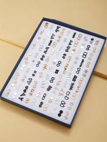 RINTOLER 100pcs/Set Assorted Minimalist Hollow Geometric Earrings, Plastic Stud Earrings, Sold With Box, Korean/Japanese Style - Multicolor - View 7