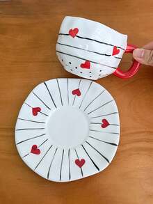 1套不对称心线图案杯碟，咖啡杯碟，拿铁艺术杯，下午茶咖啡杯，复古早餐燕麦奶杯，节日礼物，生日礼物 - 彩色 - 查看 10