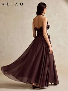Aliao Elegant Ruffled Hem Spaghetti Strap Maxi Dress, Brown, Suitable For Wedding, Formal Party, Outing Summer - Dark Brown - View 7