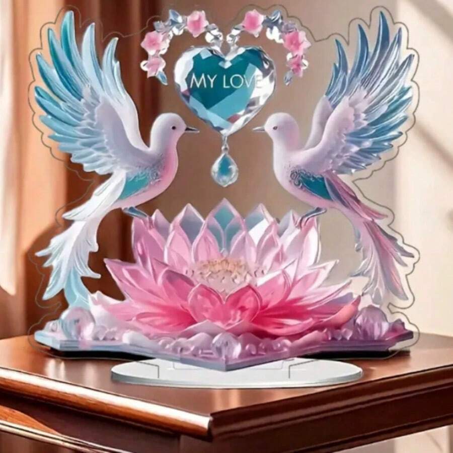 2D Flat Crystal Bird Pair, With Heart-Shaped Lotus Pattern Inside - 2D Acrylic Desktop Decor With Clip Stand, Suitable For Home, Cafe And Outdoor Decoration, Ideal Gift For Valentine's Day, Halloween, Anniversary, New Year, Christmas, Easter And Spring. High-Quality Craftsmanship Makes It A Unique Creative Gift. - Multicolor - View 1