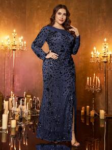 XUIBOL 优雅高端圆领加大码薄纱亮片拼接长袖礼服，适合派对、正式晚宴等场合，弹力修身鱼尾裙摆开衩设计，可作新娘母亲礼服（重工刺绣），也可作派对礼服或婚礼宾客礼服。 - 藏蓝色 - 查看 9