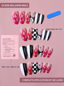 24片杏仁形黑白格子法式美甲贴纸，包含黑桃8、星星和火焰图案，欧美甜美酷炫风格，易于佩戴的亚克力假指甲套装，包含1瓶果冻胶和1把指甲锉，适合女性日常生活和各种派对场合。 - 彩色 - 查看 7