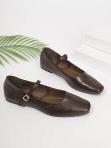 Black Mary Jane Flat Square Toe Casual Shoes, New Preppy Style Buckle Office Shoes For Spring & Autumn - Brown - View 6