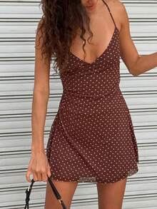 Women's Contrast Strap Ruffle Collar Mini Dress, Suitable For Beach, Western Style, Music Festival, Summer Vacation Wear, Bohemian Coffee Color Summer Dress, Coffee Vacation Outfit, Coffee Beach Outfit, Polka Dot Dress - Maroon - View 3