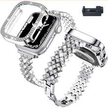 Bracelet de montre scintillant + Boîtier de protection double rangée de diamants creux compatible avec Apple Watch 38/40/41/42/44/45/49 mm compatible avec Apple Watch Series Ultra 10/9/SE/8/7/6/5/4/3. Bracelet de montre brillant à la mode pour femmes - Argent - Voir 1