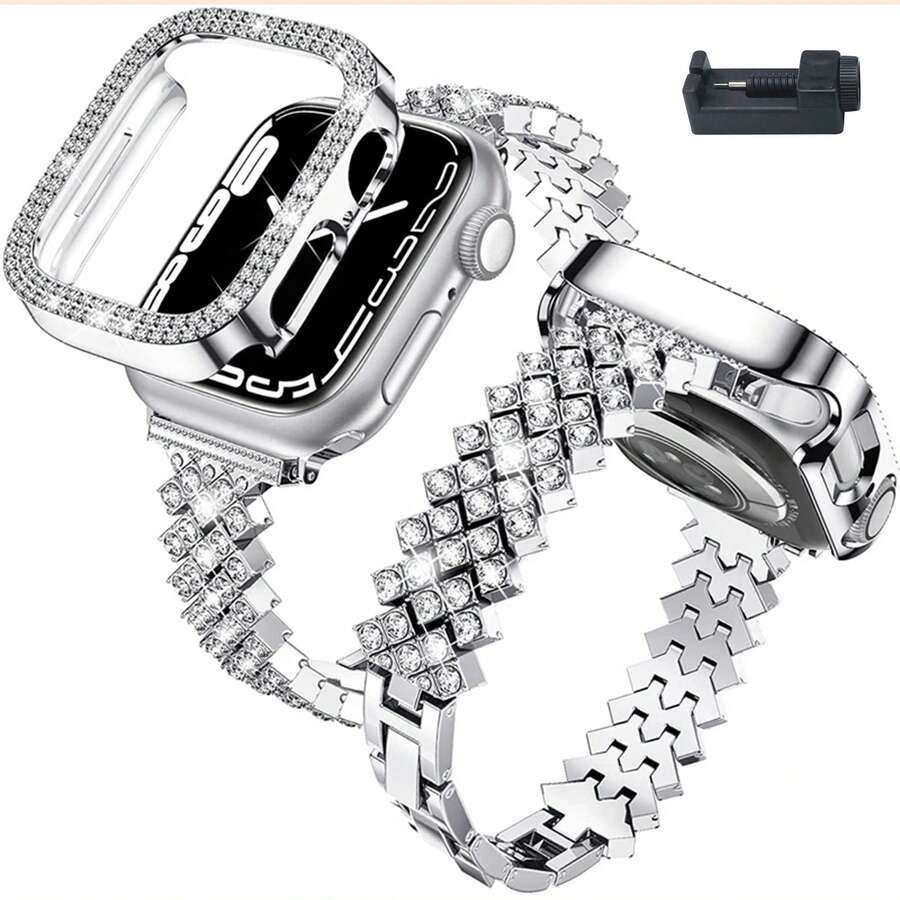 Bracelet de montre scintillant + Boîtier de protection double rangée de diamants creux compatible avec Apple Watch 38/40/41/42/44/45/49 mm compatible avec Apple Watch Series Ultra 10/9/SE/8/7/6/5/4/3. Bracelet de montre brillant à la mode pour femmes - Argent - Voir 1