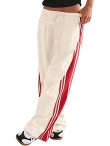 Women's High Waist Baggy Wide Leg Track Pants Drawstring Striped Palazzo Pants With Pockets - 紅色 - 查看 5
