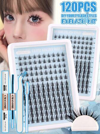 Regalo de Navidad Nuevo Set de 120 piezas/12 filas de racimos de pestañas estilo manga, efecto de maquillaje natural, racimos de pestañas tipo hada, adecuado para principiantes, pestañas individuales, racimos de pestañas con curvatura D, set de alta capacidad, tutorial de pestañas postizas amigable para principiantes, set de extensión de pestañas segmentadas gruesas y esponjosas, incluye adhesivo y sellador, pinzas