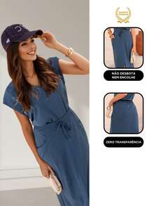 Conjunto Feminino Algodão Saia Midi e Blusa Decote V Estilosa - Azul - Visão 5